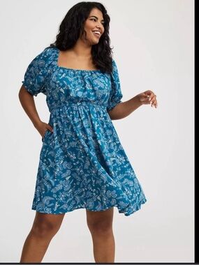 torrid Blue Floral Square-Neck Puff-Sleeve Dress